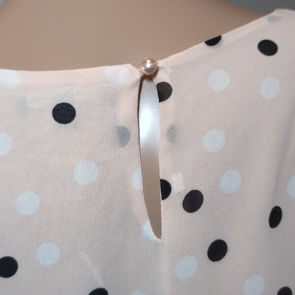 Adrianna Papell Polka Dot Blouse Sheer Layered Bell Flare Sleeve Smocked Hem Top - Picture 7 of 11